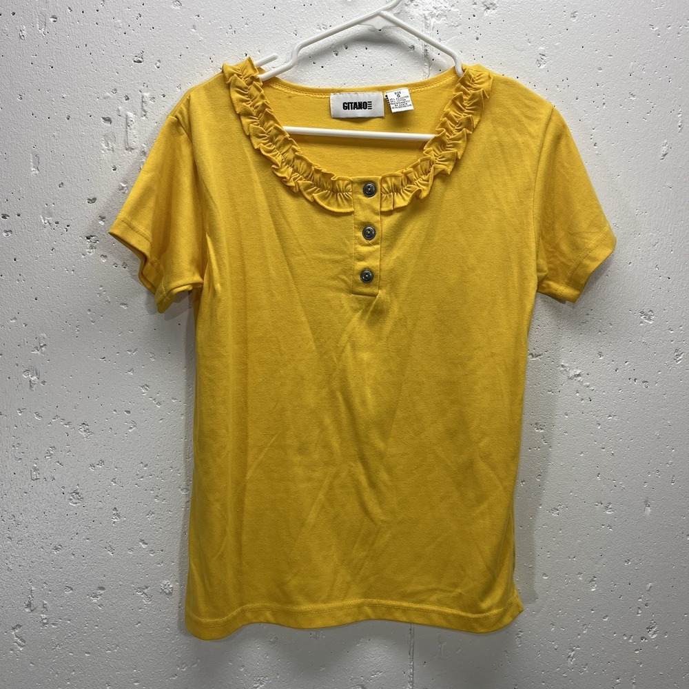 VTG Gitano Womens Small‎ Yellow Ruffle Short Sleeve Top